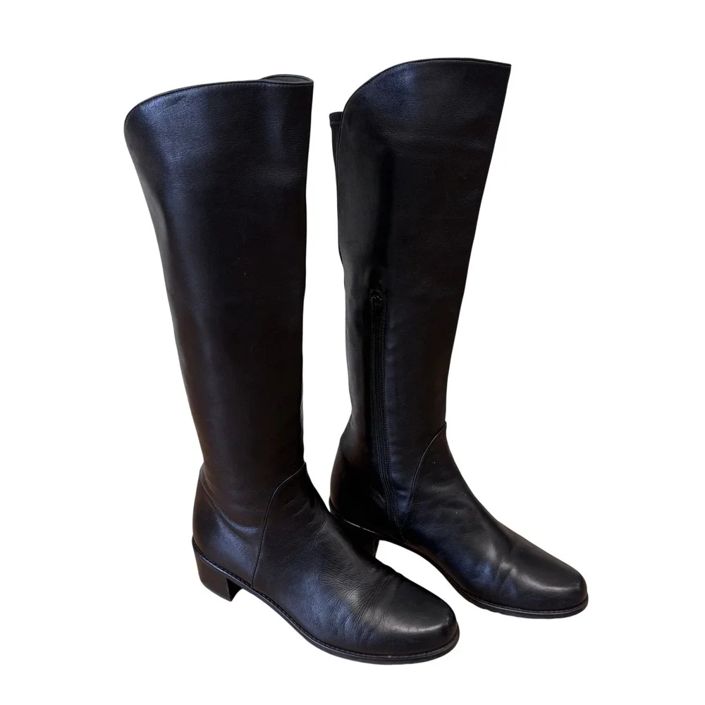 Stuart Weitzman Knee High Boots Women 8 Black Leather Block Heel Western